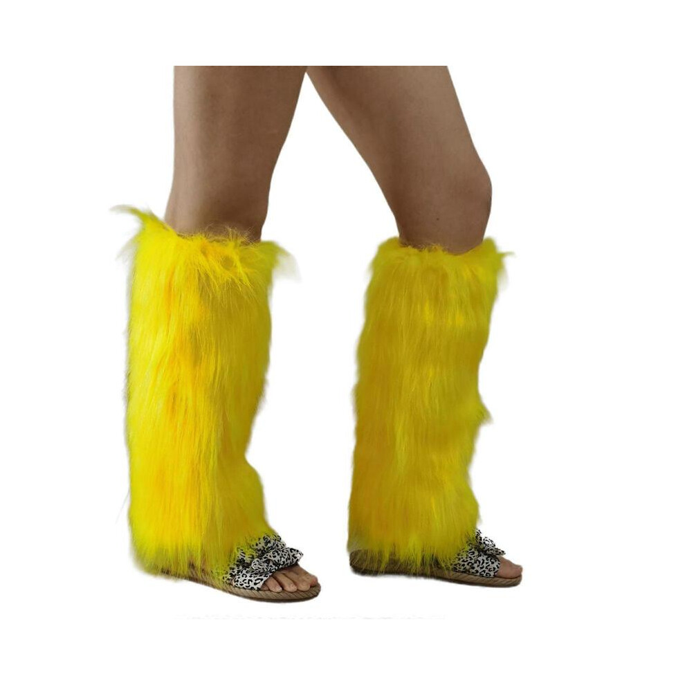 (E40) 1 Pair Women Vintage Warm Furry Bright Yellow Leg Warmers Fuzzy Leg Cover Harajuku Boot Cuffs Long Socks for Winter Days  E40
