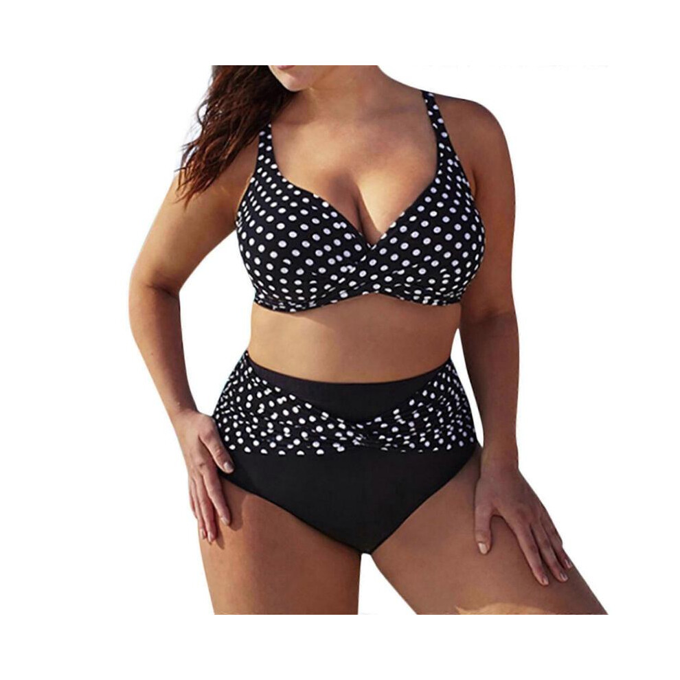 (5XL, Black) Women Big Size 2 Piece Bikini Set Twist Front Bras and High Waist Bottom Thongs Swimwear Polka Dot Printed Swimsuits  Black XL