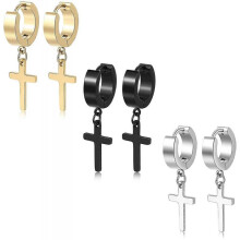 3 Pairs Of Cross Earrings Dangle Hinged Men Earrings Stainless Steel Cross Hoop Earrings for Men And Women ,silver,gold ,black