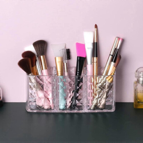 Makeup Brush Holders with 3 Compartment,Acrylic Clear Small Sparkle Eyebrow Pencil Organizer 2