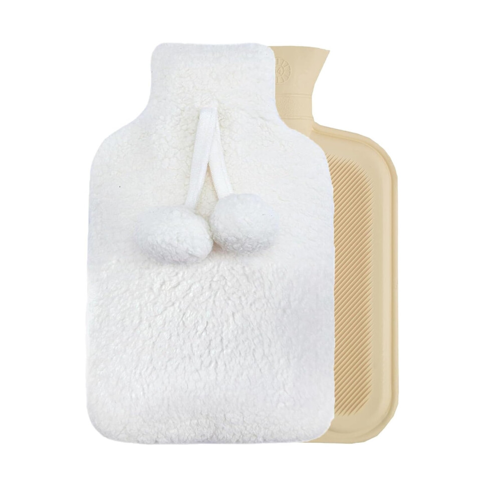 Sleepdown Soft And Luxurious Hot Water Bottle With Fleece Pompom Cover - Cream