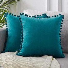 Decorative Throw Pillow Covers 18 x 18 Inch Soft Particles Velvet Solid Cushion Covers with Pom-poms for Couch Bedroom Car 45 x 45 cm, Pack of 2, Teal