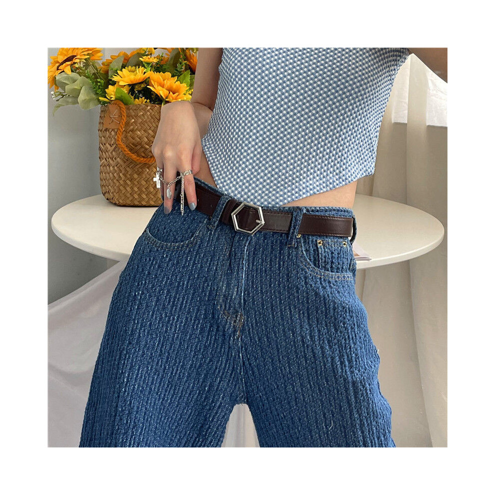 (Brown)Ceinture en jean femme design hexagonal unique pour la mode jeunesse disponible en noir blanc marron et couleurs marron
