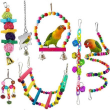 7 Pcs Bird Parrot Toys, Hanging Bell Pet Bird Cage Hammock Swing Climbing Ladders Toy Wooden Perch Mirror Chewing Toy