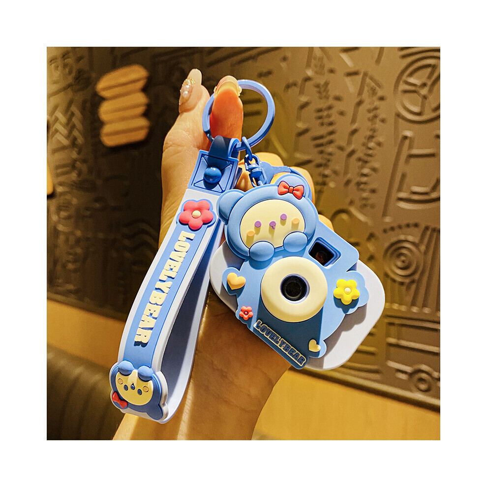 (Bleu) Porte-clés adorable en forme d'ours avec appareil photo, style dessin animé, pendentif pour sac