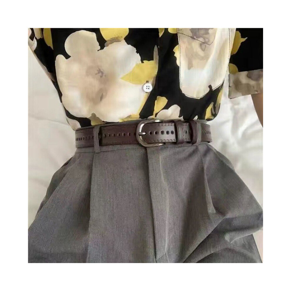 (Brown Hole Belt)Ceinture vintage en cuir souple pour femme élégant pantalon décontracté et jean à la mode polyvalent accessoire automne pour