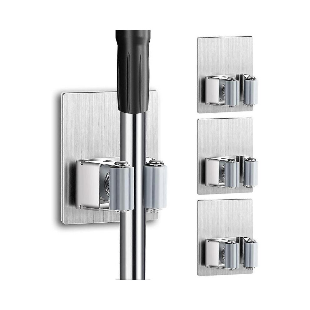 4 PCS Porte balai mural - Porte balai auto-adhésif en acier inoxydable pour la maison, le garage, le jardin, la buanderie et le rangement