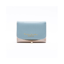 (Bleu) Porte-monnaie court pour femme, simple, imprimé, fente pour carte suspendue, couleur unie, pince