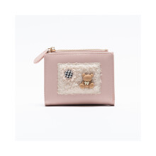 Portefeuille court coréen pour femmes (rose), joli ours, fermeture éclair, tendance, simple, en polyuréthane