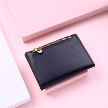 (Black1) Nouveau sac à cartes à boucle pour femme, court, couleur unie, souple, multi-cartes, matériau