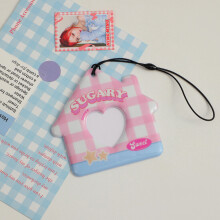 (Rose) Jolie chaîne porte-clés en PVC pour photos, carte de bus, pochette de protection pour étudiants