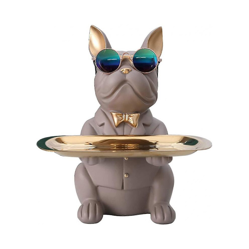 French bulldog doll with tray stainless steel table decoration sculpture decoration key bowl statue small parts container fruit bowl(Grey)