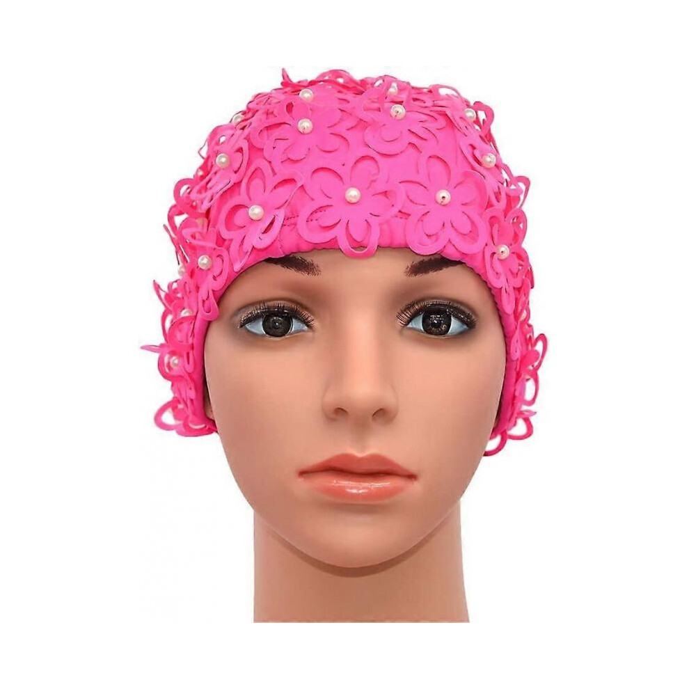 Hollow Flowers Pearls Sewn by Hand Women's Ladies Swimming Hat Swim Cap Bathing Cap