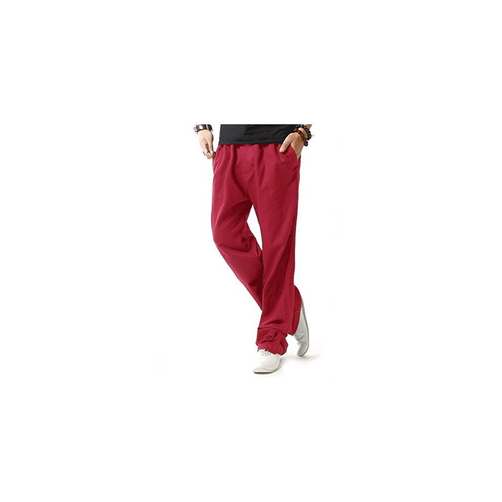 HOEREV Men casual Beach Trousers linen Summer Pants  Dark Red  X-Small