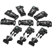 Plastic whistle with quick-release buckle and flint lighter for paracord bracelet - 10 pieces, black