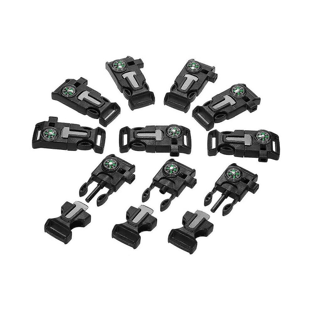 Plastic Whistle With Quick-Release Buckle And Flint Lighter For Paracord Bracelet - 10 Pieces, Black