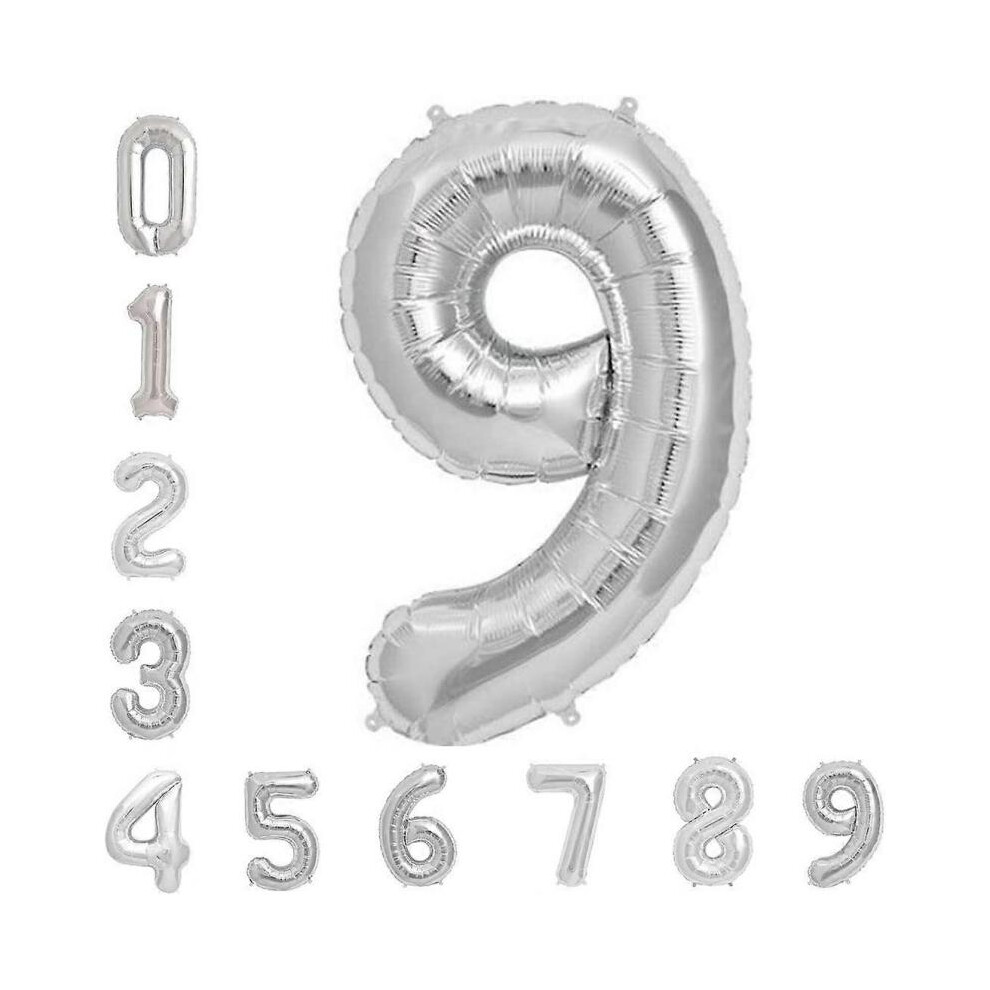 Silver Number 9 Balloon, 9th Birthday Party Foil Mylar Helium Balloons, 40 Inch