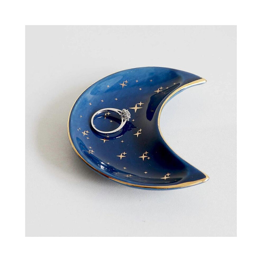 Small Moon Jewelry Dish Tray, Decorative Ceramic Trinket Dish, Modern Accent Tray For Vanity, Blue