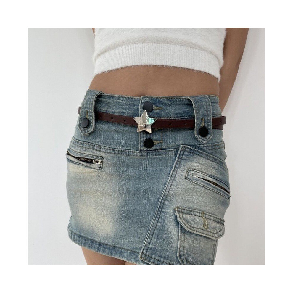 (Coffee1021.4)Jupe femme vintage en jean avec étoiles décoratives et ceinture tendance couleur noir