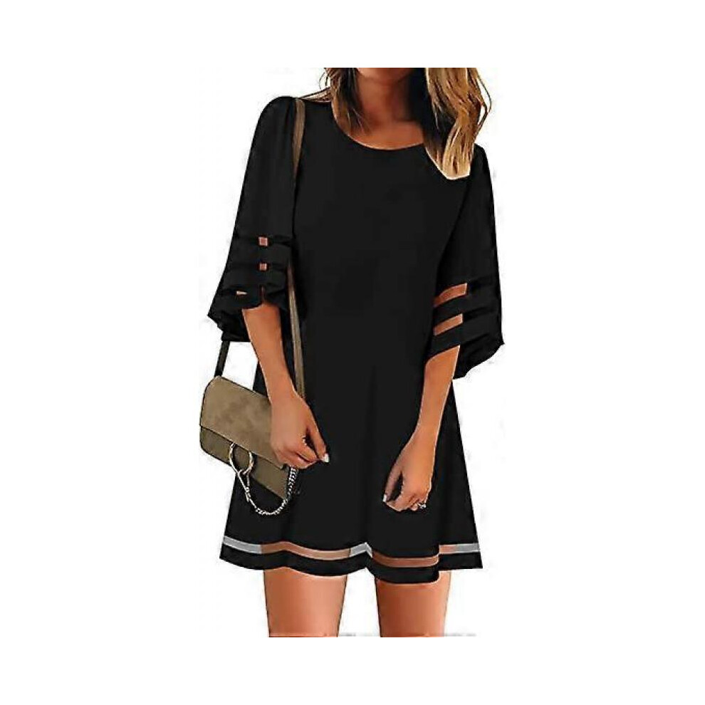 (XXL, black) Ladies Casual Round Neck Mesh Panel , Flared Sleeve Loose Tunic Dress
