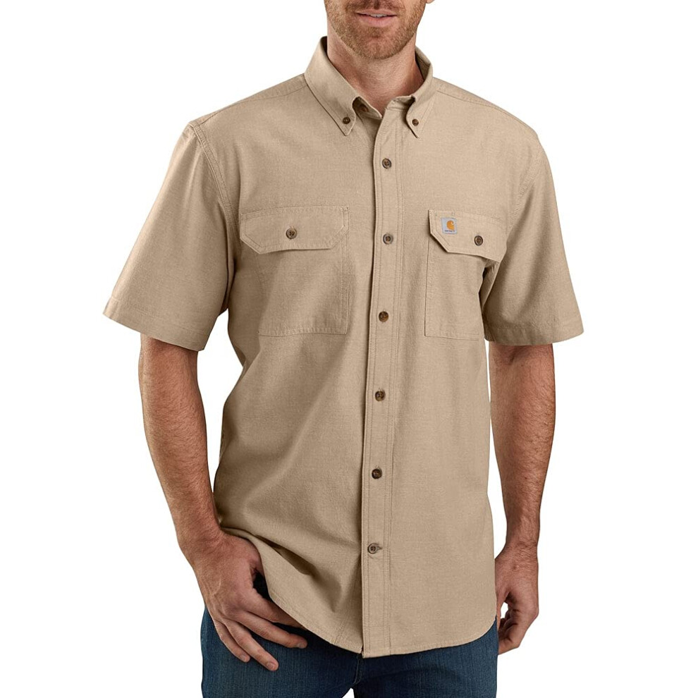carhartt mens Original Fit Short Sleeve Big  Tall Work Utility Button Down Shirt  Dark Tan chambray  Large Big Tall US