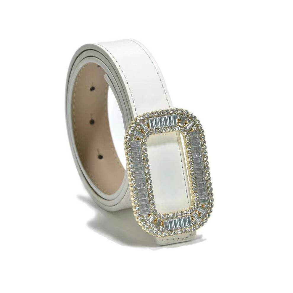(Bright White Strap)Ceinture femme en cuir premium avec boucle diamant idéale pour robe et blazer coiffant