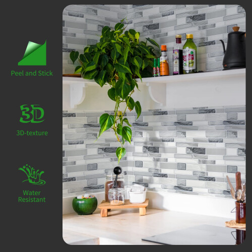 Longking selvklæbende køkken backsplash marmor look dekorative fliser (10 fliser) 1