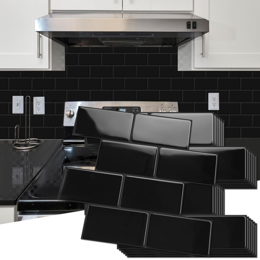 Lot de 10 carreaux de m  tro   pais    d  coller et coller Art3d, imitation c  ramique, pour cuisine et salle de bain, noir
