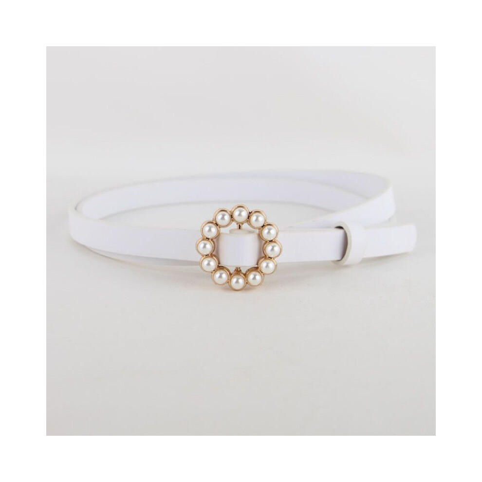 (White Slim)Musthave Ceinture Femme Mode Pu Jeans avec Design Perle Rétro Disponible dans Couleurs Élégantes pour Tenues Tendance