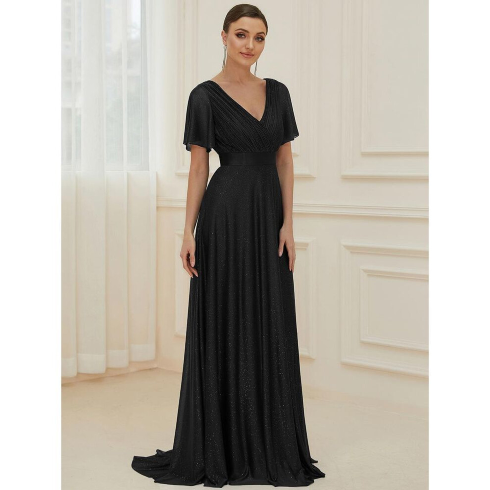 (black, 8XL) Ever-pretty Women&apos;s Deep V Neck Ruffles Sleeve A Line Sparkle Evening Dresses