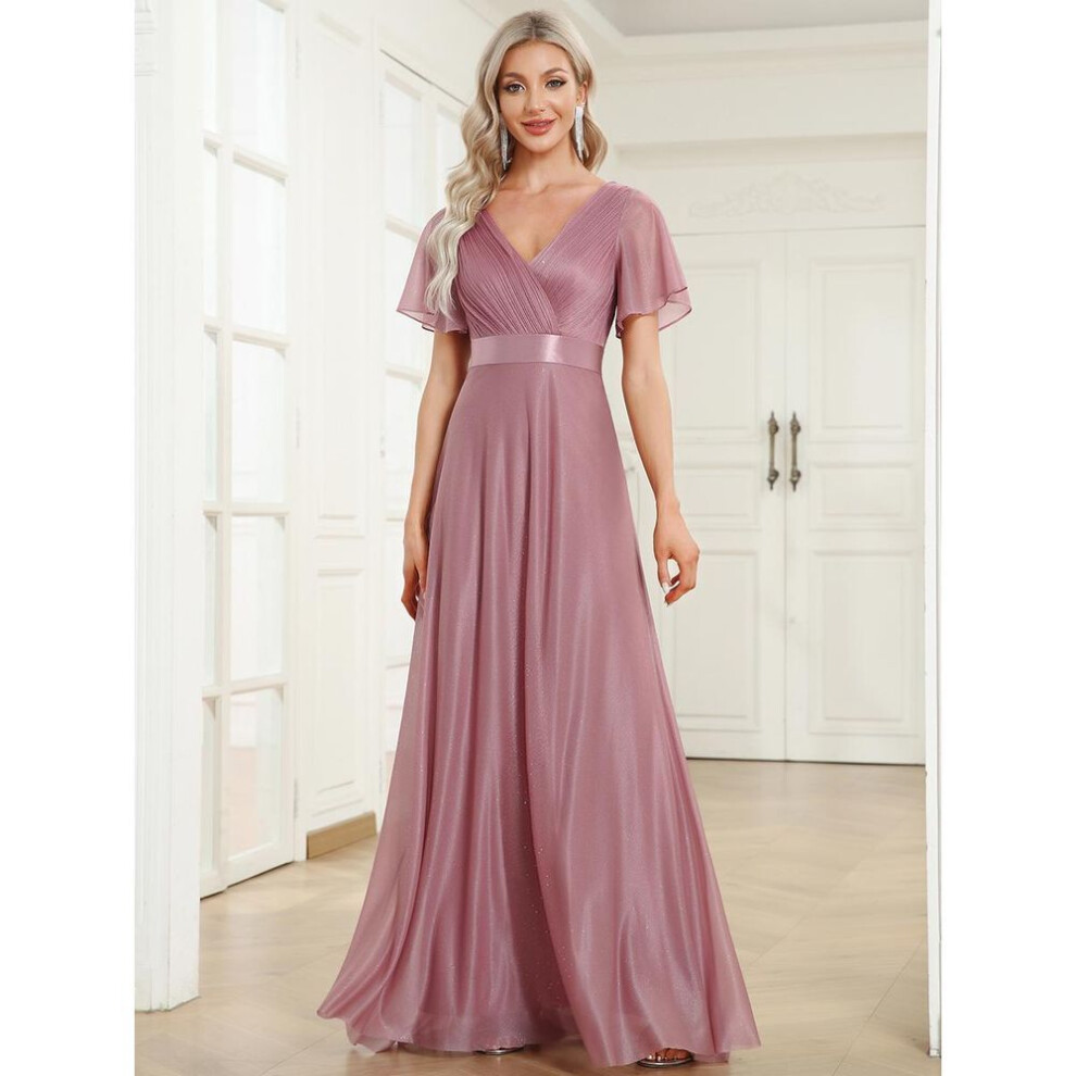(orchid, 3XL) Ever-pretty Women&apos;s Deep V Neck Ruffles Sleeve A Line Sparkle Evening Dresses
