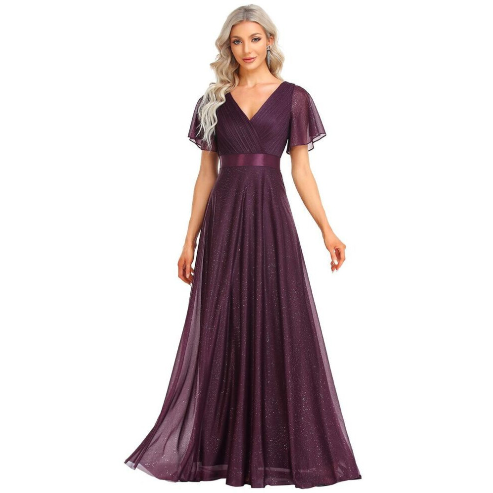 (dark purple, 3XL) Ever-pretty Women&apos;s Deep V Neck Ruffles Sleeve A Line Sparkle Evening Dresses