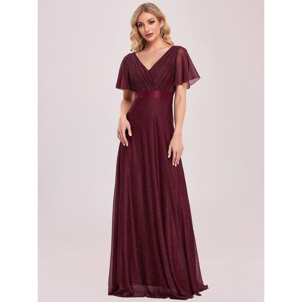 (burgundy, 6XL) Ever-pretty Women&apos;s Deep V Neck Ruffles Sleeve A Line Sparkle Evening Dresses