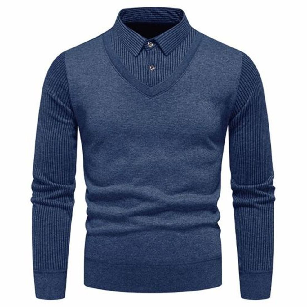 (navy blue, M) Men Fall Winter Sweater Fake Two-piece Long Sleeve Lapel Buttons Striped Pullover Knitted Slim Fit Soft Warm Elastic Lapel Men Business Style Sweater