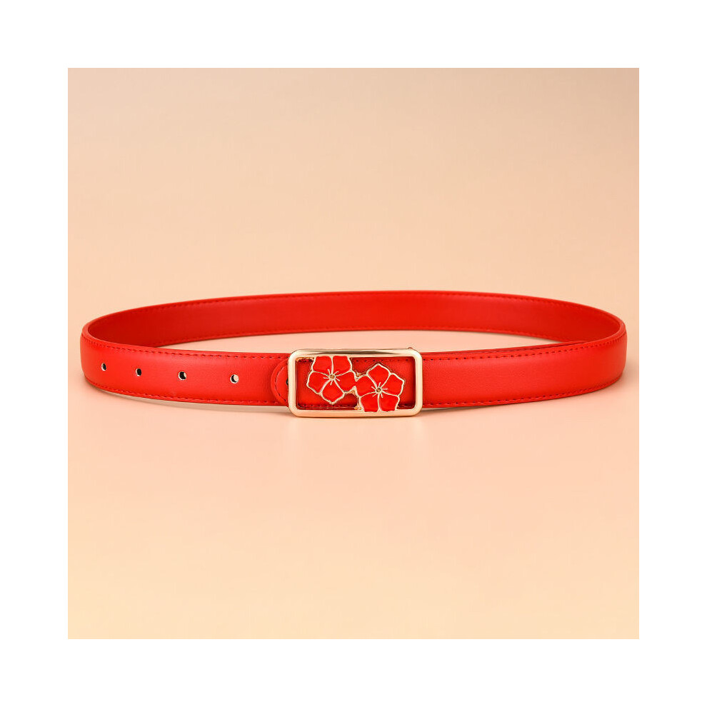 (Red Flower105cm)Ceinture femme Essential simple en cuir noir rouge et blanc avec boucle tendance dorée