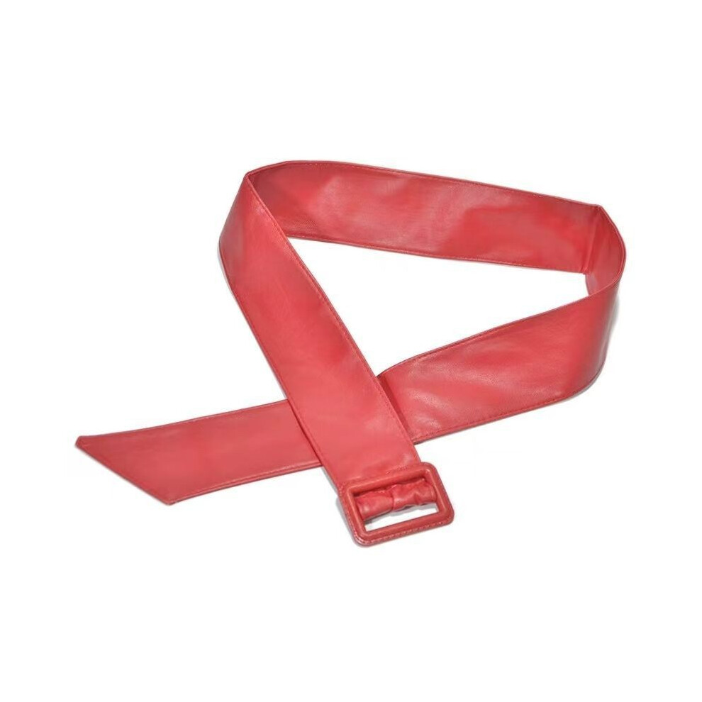 (Red)Ceinture rétro en cuir souple pour femme avec boucle lisse parfaite pour robes manteaux et tenues de tous les jours en noir rouge et blanc
