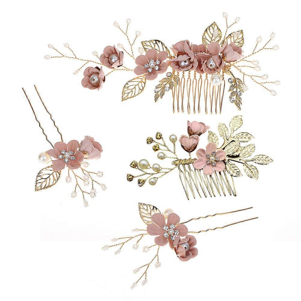 Kricely (, One Size) 4Pcs Wedding Handmade Fashion Hair Comb Set Floral Bridal Headpieces Hair Accessories Rhinestone Wedding Dress Accessories (Pink) Pink