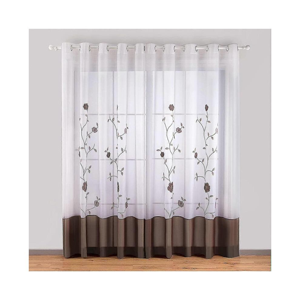 Piece Floral Embroidery Sheer Eyelet Curtains for Bedroom Kitchen Living Room (1 Panel (Width 140cm x Height 260cm), brown