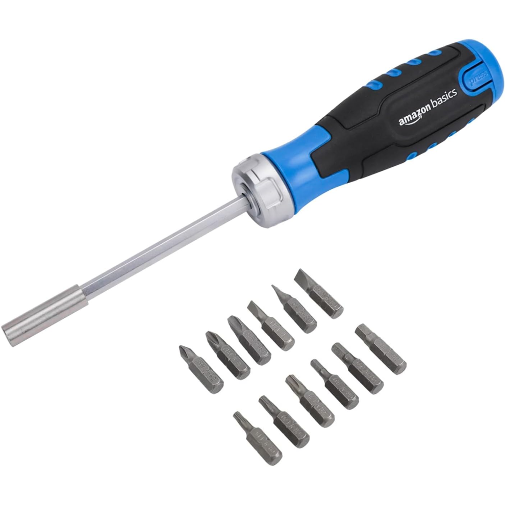 Amazon Basics DS-CJAMZ2010 12 Piece in 1 Magnetic Ratchet Screwdriver, Silver, Black,silver