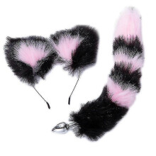 (Black pink)Fluffy Rabbit Tail Butt Plug Cute For Cat Ear Headhoop Set For Cosplay Sm Adult