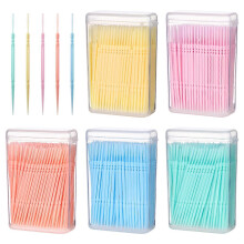 (As show, One size) EXCEART 1100pcs Disposable Plastic Toothpicks Double-head Oral Care Interdental Floss Cleaners (Random Color)