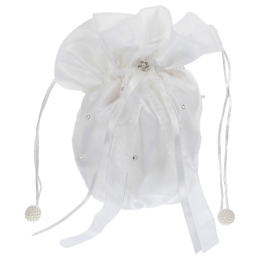 Kricely (As Show, One Size) Bridal Bridesmaid Rhinestone Pearl Decorated Satin Dolly Bag Handbag (Milk ) White