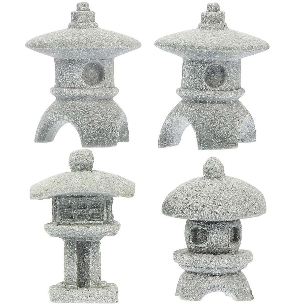 Kricely (As Show, One Size) 4Pcs Mini Pagoda Statue Japanese Sandstone Lantern Bonsai Micro Landscape Decoration