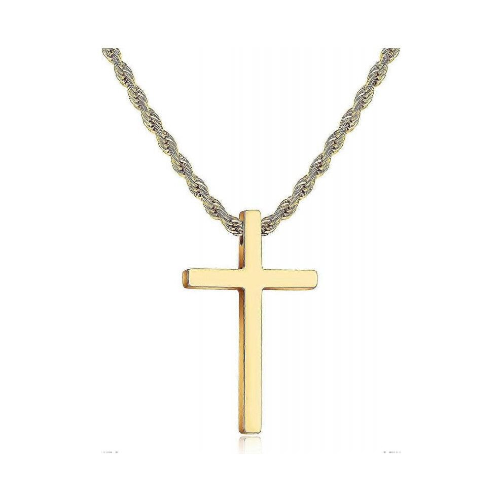 (22 Inches, Gold) Cross Necklace for Men,Stainless Steel Black Silver Gold Cross Pendant Necklace for Men Boys Cross Chain for Men 16-24 Inches Rope Chain