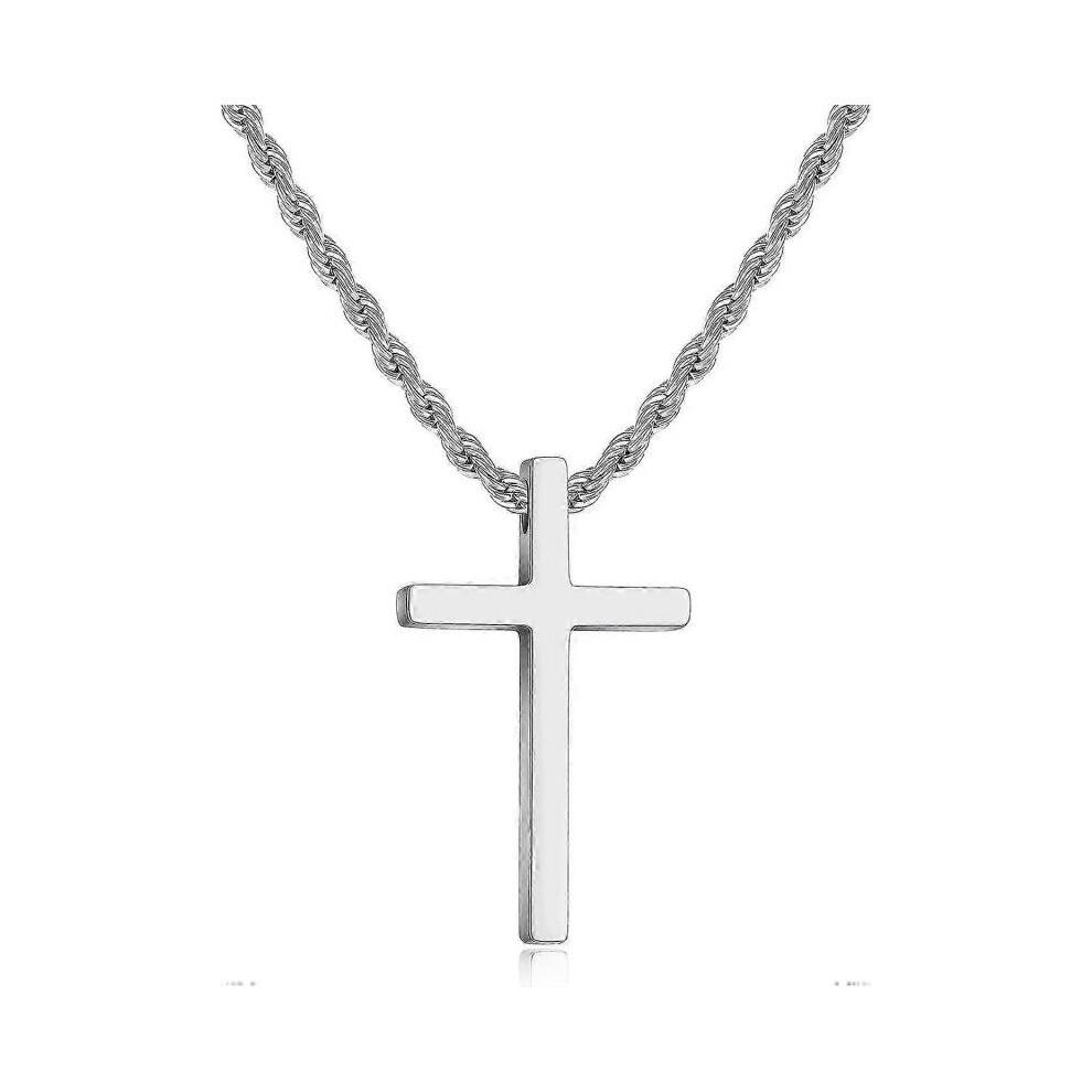 (20 Inches, Silver) Cross Necklace for Men,Stainless Steel Black Silver Gold Cross Pendant Necklace for Men Boys Cross Chain for Men 16-24 Inches Rope Chain