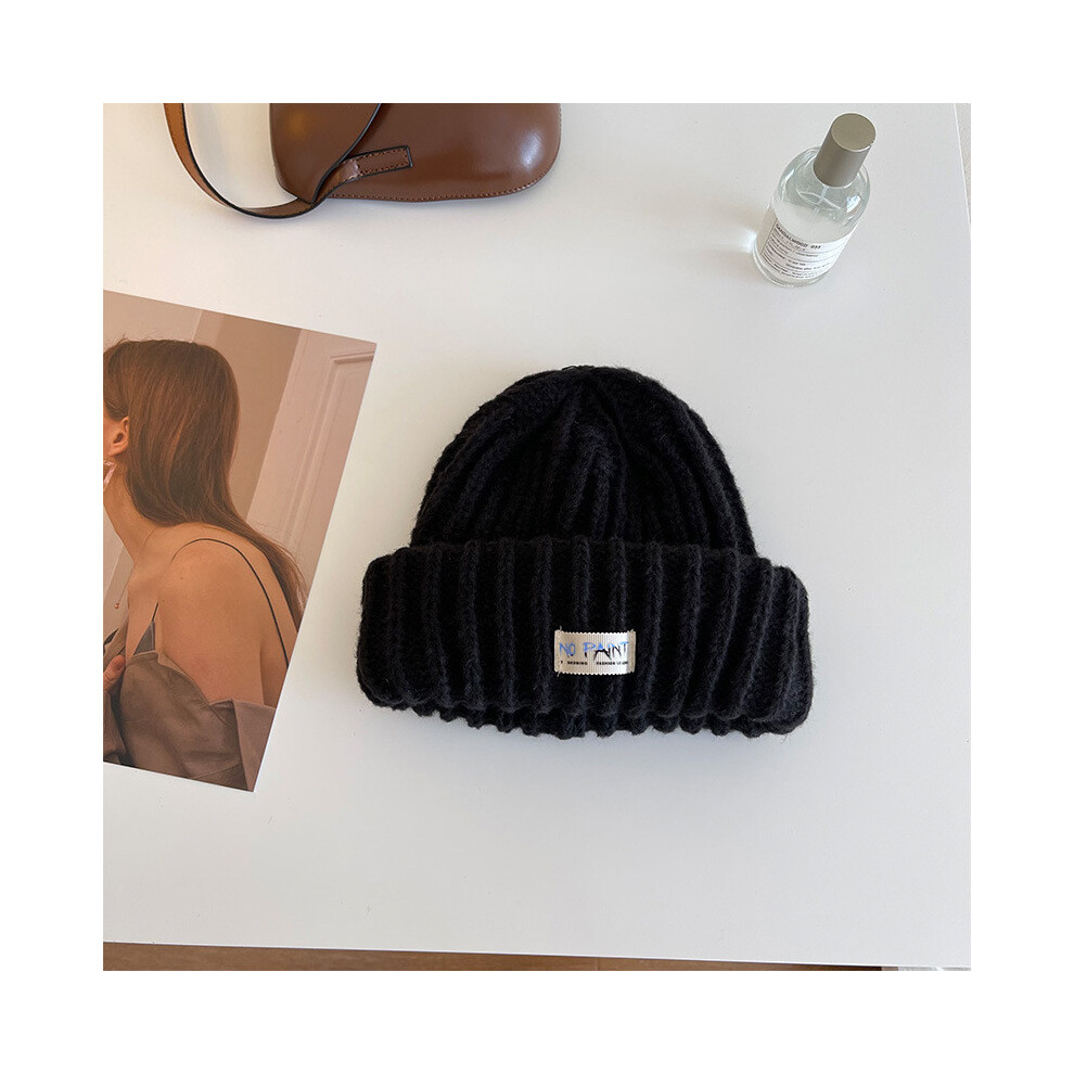 (Black)Bonnet bonnet en tricot épais acrylique doux en blanc crémeux pour femmes parfait pour automne et hiver