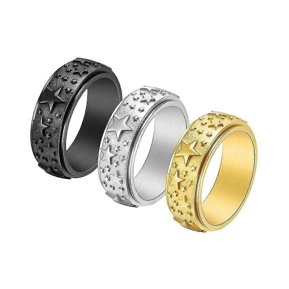 (11, black) 2pcs Stainless Fidget Ring 8mm Moon Star Sun Spinner Rings Silver Gold Black Stress Relieving Anxiety Ring Wide Carved Worry Band For Women Men