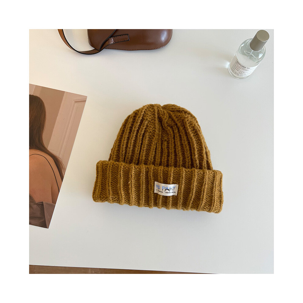 (Camel)Bonnet bonnet en tricot épais acrylique doux en blanc crémeux pour femmes parfait pour automne et hiver