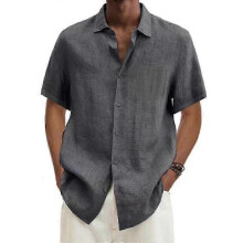 (gray, XXL) Men's Cotton Linen Shirt Regular Fit Casual Summer Beach Shirt