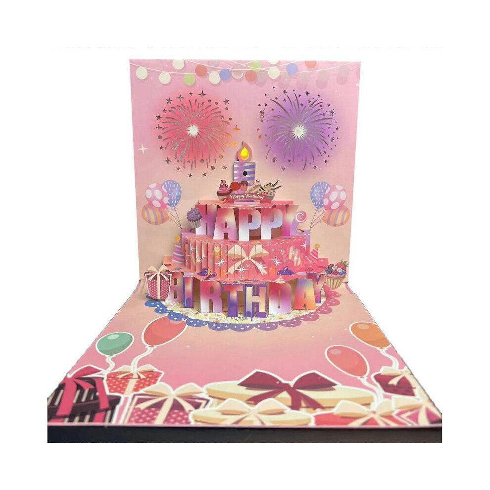 (Pink 4 lights) 3D Musical Birthday Card with Light and Music Happy Birthday Card Greeting Cards for Kid Adult Women Men Birthday